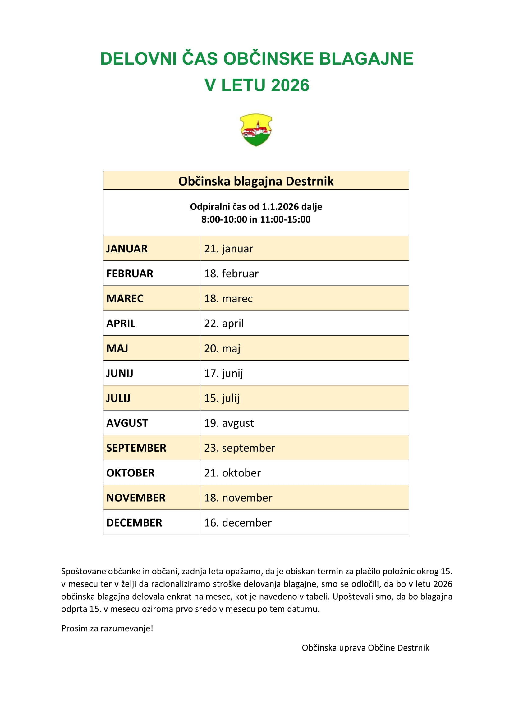 Obvestilo-blagajna-letni delovni čas 2026-za Občana-1